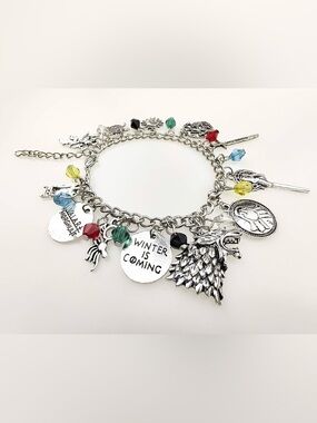 Silver-Tone 'Game of Thrones' Charm Bracelet with Multicolor Beads